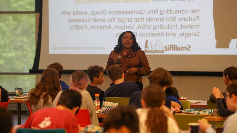 Melinda Emerson speaking with students